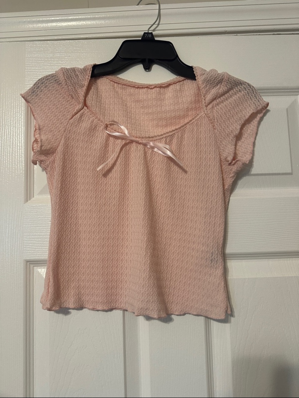 ROMWE Light Pink Short Sleeve Knit Top with Ribbon Bow